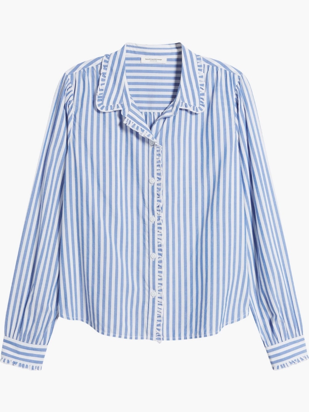 beachlunchlounge Blue & White Ciara Striped Ruffle-Trim Button Shirt XS - Picture 2 of 7